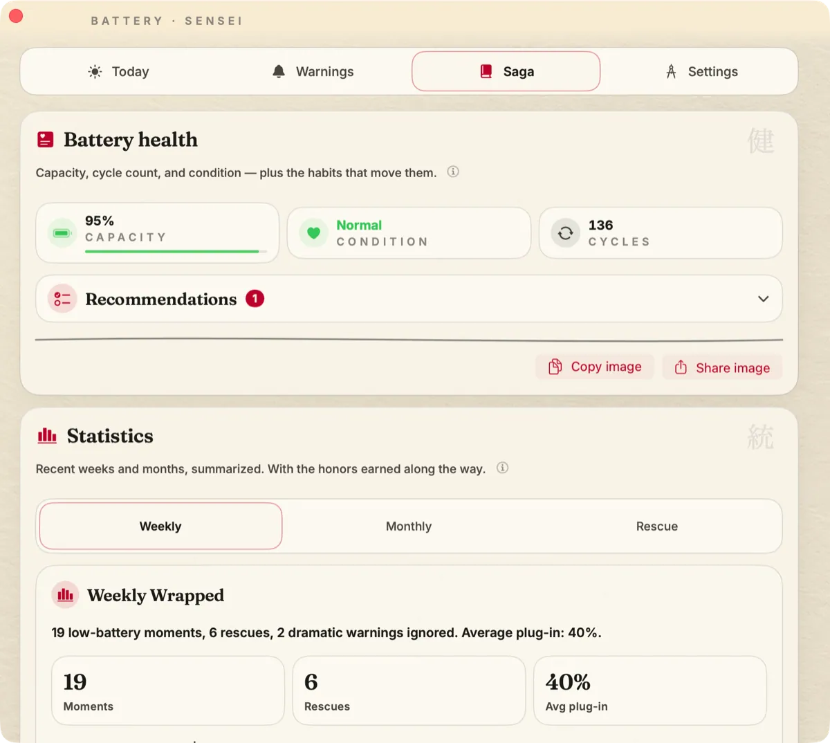 Battery Sensei Saga screen showing battery capacity, condition, cycle count, recommendations, and weekly statistics.