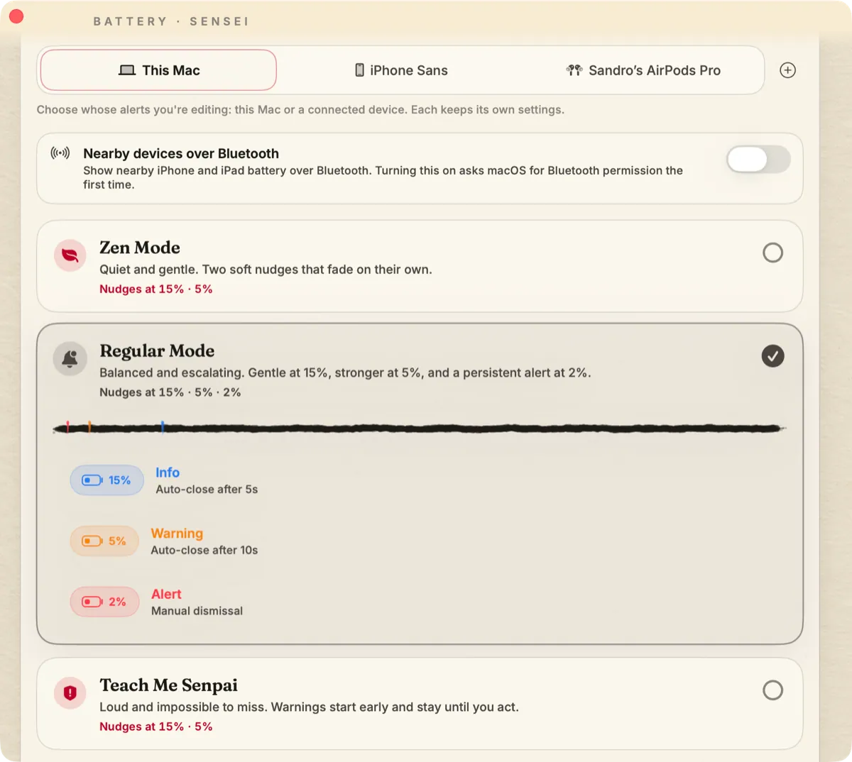Battery Sensei warning settings with Zen, Regular, and Teach Me Senpai alert modes.