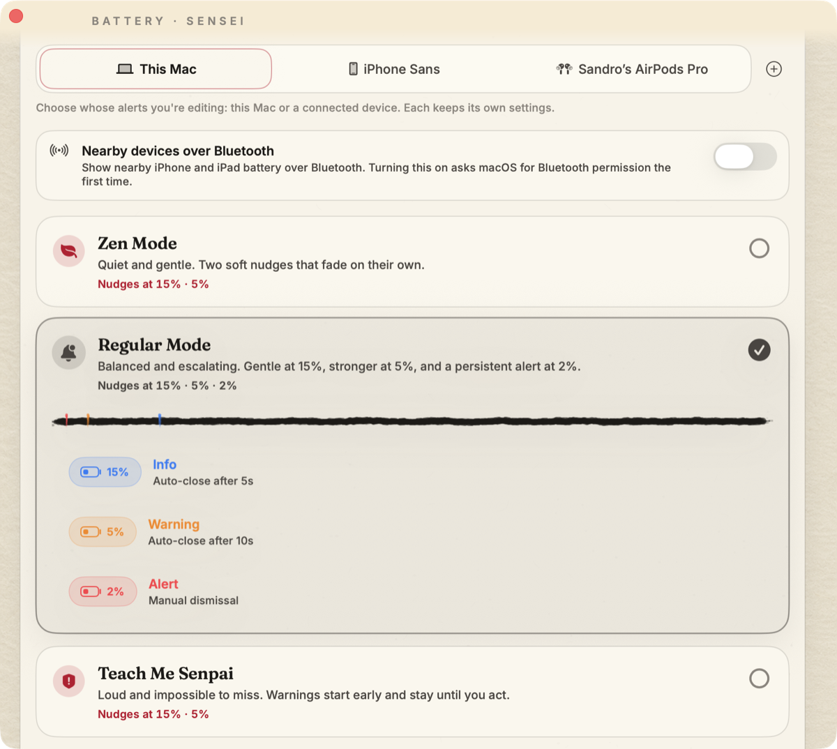 Battery Sensei warning settings with Zen, Regular, and Teach Me Senpai alert modes.